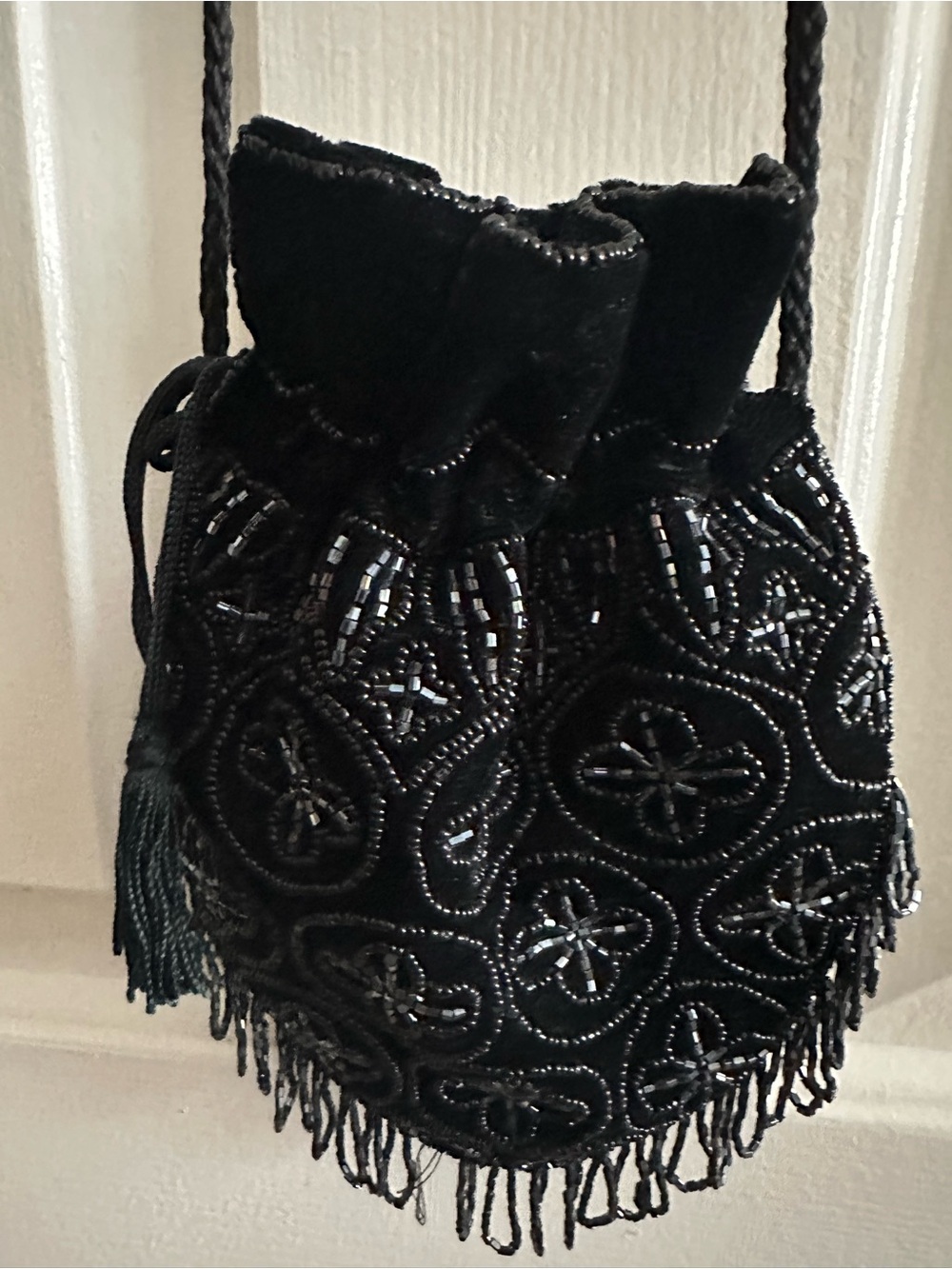 Black Beaded Velvet Drawstring Bag